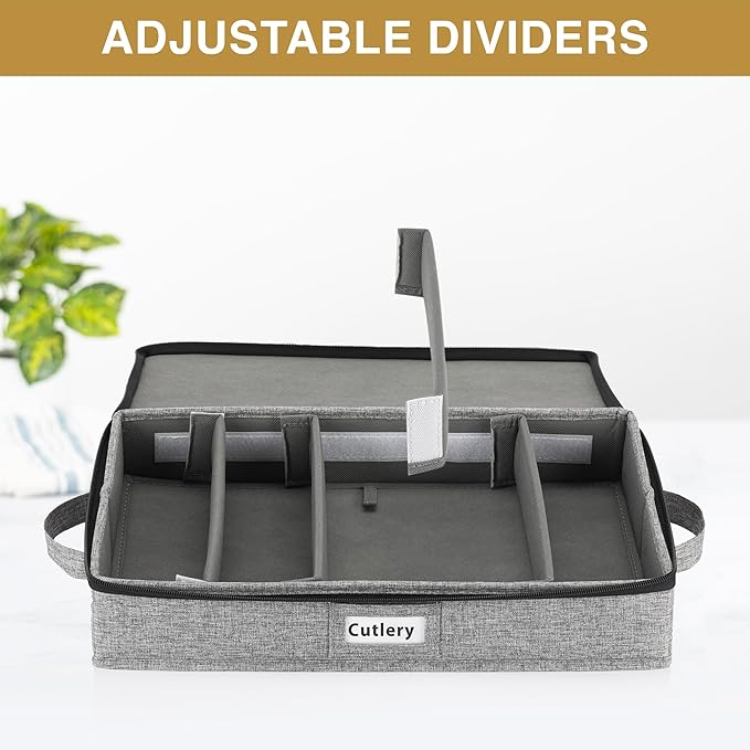 Flatware Storage Case with 5 Adjustable Compartments - Tableware Utensil Chest with Carrying Handles - Protects and Organizes Cutlery and Silverware - Hard Shell and Stackable