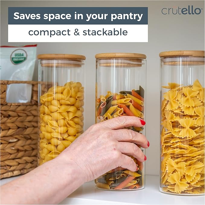 Glass Food Storage Containers with Bamboo Lids, 3 Pack - 32 Fluid oz Airtight Clear Kitchen Organization Canisters