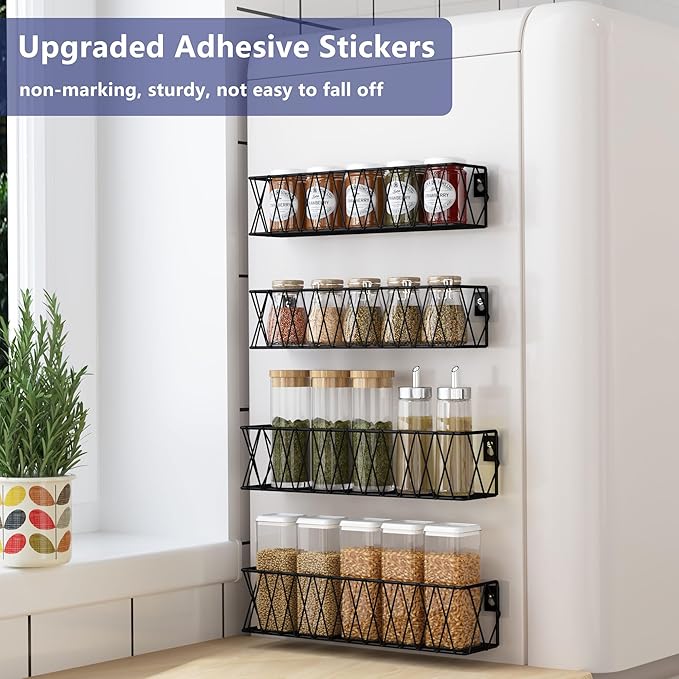 Hanging Spice Rack Wall Mount 4 Pack, Seasoning Rack Organizer Adhesive Spice Shelf Easy to Install, Kitchen Organization Cabinet Stand Space Saver, Metal, Black