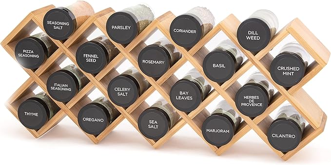 Kamenstein 18 Jar Criss-Cross 2-in-1 Spice Organizer for Countertop or Wall with Spices Included, FREE Spice Refills for 5 Years, Bamboo with Black Caps