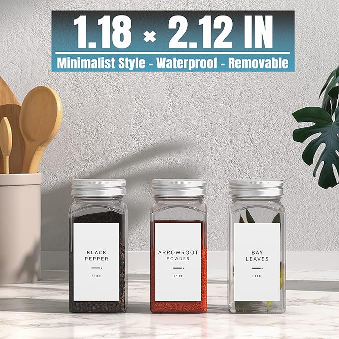 400 Minimalist Spice Labels, Preprinted Stickers Booklet, Black Text on White Waterproof Matte Backing, Herb Seasoning Spice Jars Rack Organization System