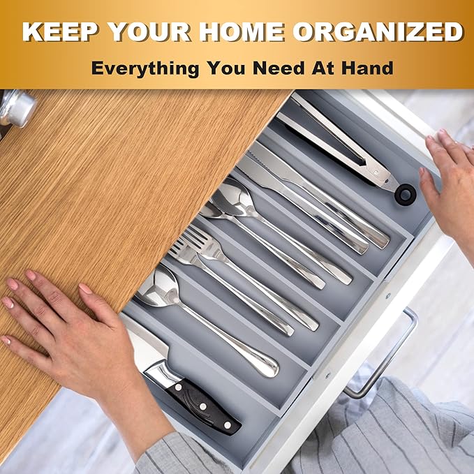 Expandable Utensil Organizer Silverware Organizer for Kitchen Adjustable Utensils Holder Bamboo Large Flatware Silverware Cutlery in Drawer (7 Slot, Gray)