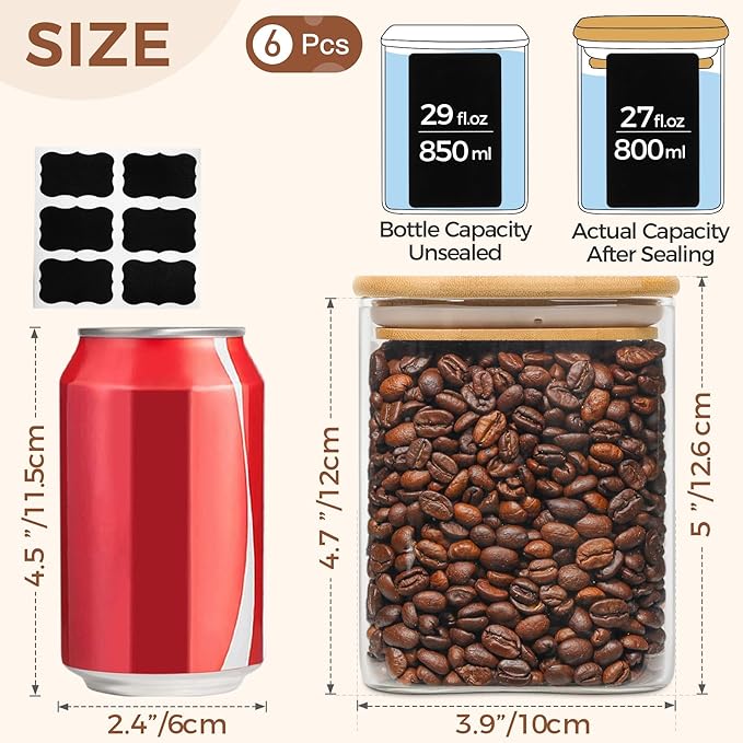 ComSaf 27 oz Glass Food Storage Jars Set of 6, Clear Storage Containers with Airtight Lids, Pantry Organization Jar, Spice Jar, Blooming Tea, Oat, Coffee and Sugar Container, Canister Set for Kitchen