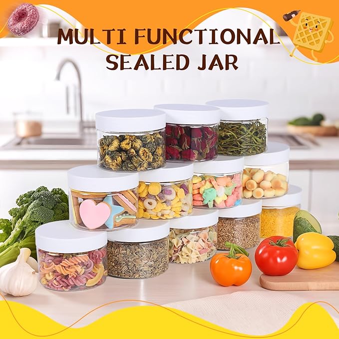 72pcs 4 oz Plastic Containers with Lids Pen Labels Leak Proof BPA Free Airtight Refillable Clear Small Containers Storage Jars for Storing Dry Food Makeup Slime Honey Jam,white