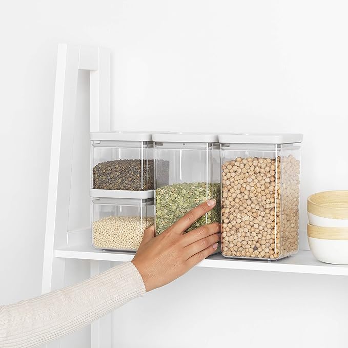 Brabantia Tasty+ 4pc Stackable Food Canisters Set (Light Gray) 2x 0.7qt & 2x 1.7qt BPA-Free Space-Saving Jars with Silicone Seal Lids for Freshness