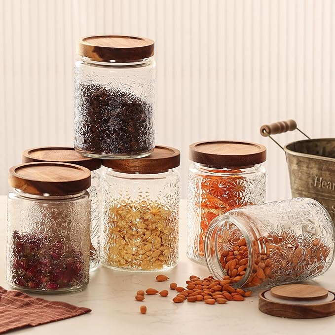 6 Pack 24oz Vintage Glass Jar with Wooden Lid – BPA-Free, Airtight Food Storage Canister for Kitchen Counter, Pantry, Coffee, Sugar, Spices & Dry Foods