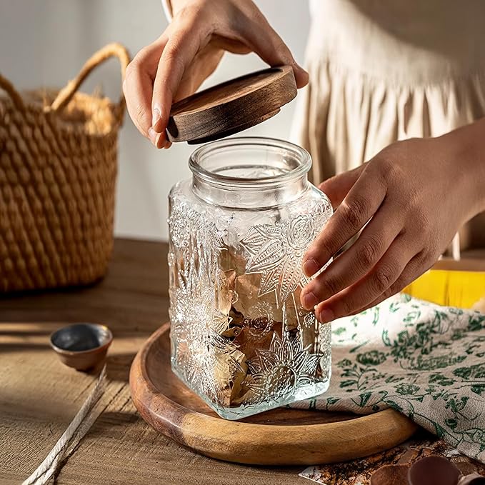 Glass Storage Jars With Airtight Lid, 35oz Container For Kitchen Counter with Wood Lid, brown sugar, candy, coffee, cookie, salt, tea, cute Jar (Large Square Sunflower)