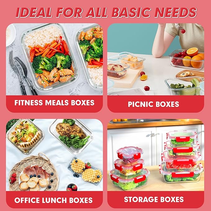 VERONES 30 Pieces Glass Meal Prep Containers Set, Stackable Glass Food Storage Containers with Lids-Airtight Glass Lunch Containers,for Microwave, Oven, Freezer & Dishwasher,Red