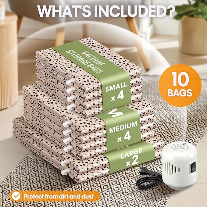 10 Pack Travel Vacuum Storage Bags with Electric Pump, 2 Large + 4 Medium + 4 Small Vacuum Sealer Bags, 80% Space Saver Bags for Luggage, Comforters and Blankets, Travel Essentials(Beige Leopard)