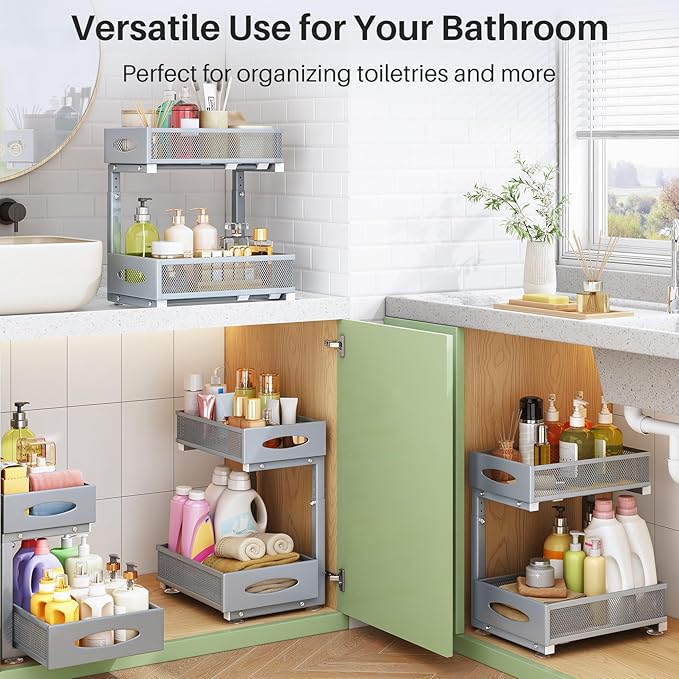 Under Sink Organizer, 2 Tier Pull out Cabinet Organizer Baskets with Mesh Sliding Drawers, Slide out Storage Shelf for Home, Kitchen, Bathroom, Pantry, Office, Countertop(1 Pack,Grey)