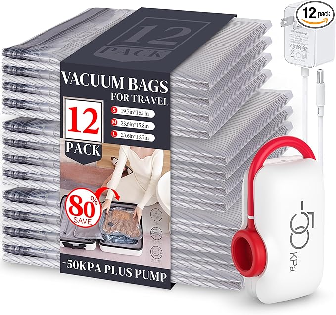 VMstr 12 Pack Vacuum Storage Bags for Travel, Carry-on Size for Luggage Compression Packing, Space Saver with High Pressure Electric Pump(D/C Power)
