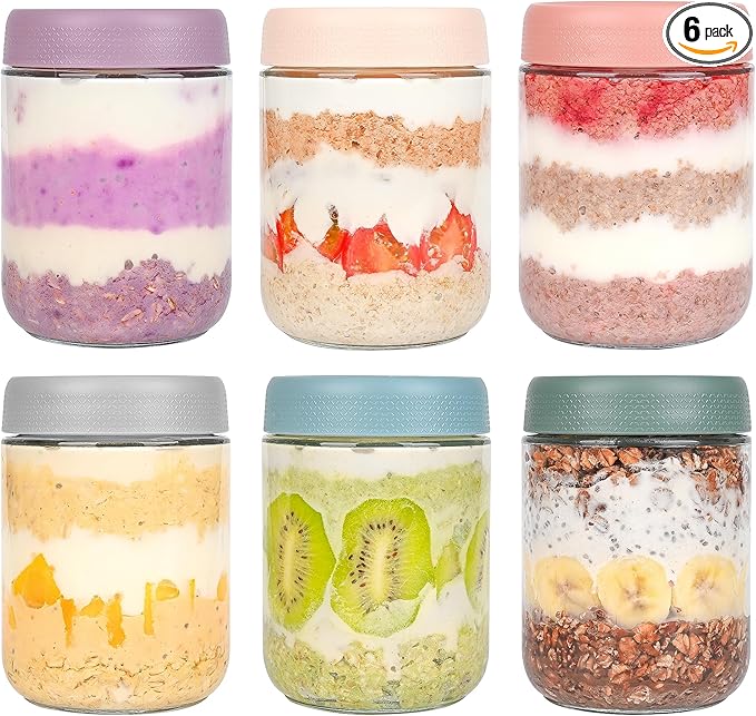 Overnight Oats Containers with Lids 6 Pack-16 Oz Mason Jar with Lids-Overnight Oats Jars Glass Food Storage Containers for Chia Seed Pudding Salad Cereal Coffee Spices