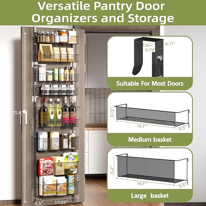 Over The Door Pantry Organizer, 8-Tier Pantry Door Organizer Shelves, Metal Hanging & Wall Mount Spice Rack Organizer, Pantry Door Organization for Pantry Kitchen Storage Room Spice Rack