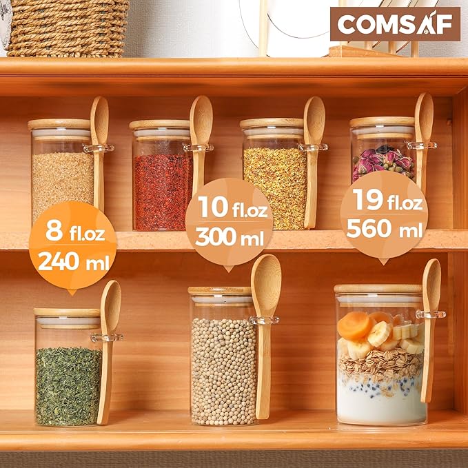 ComSaf 12 Pcs Glass Spice Jars with Spoons, 8oz Containers with Bamboo Lids, Glass Storage Containers with Airtight Lids with 275 Labels for Seasonings, Salt, Loose Leaf Tea Storage