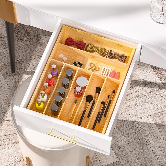 Flatware Organizer Silverware Drawer Organizer - 7 Slots Bamboo Cutlery Tray Multipurpose kitchen Drawer Organizer for Silverware, Utensils, Cutlery, Flatware, Knives W13”x L17” (Yellow)