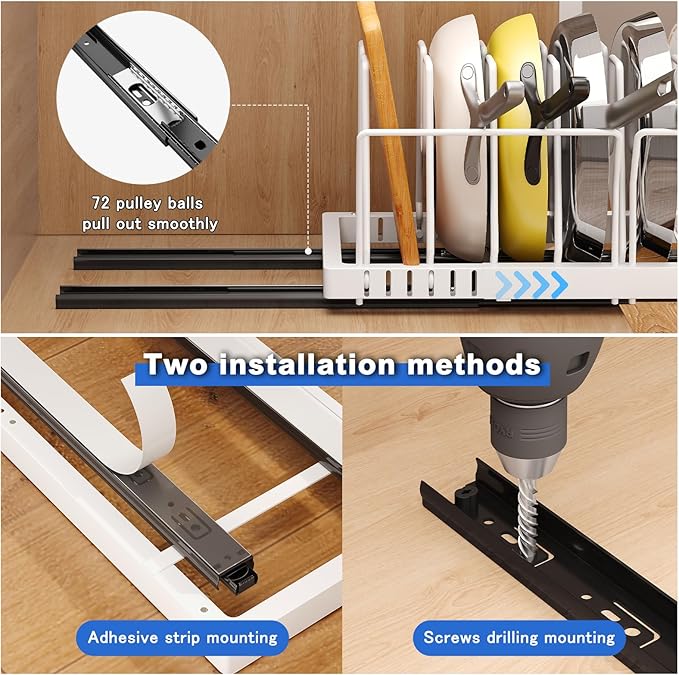 2 Pack Pots and Pans Organizer Under Cabinet, 21.6" Deep Pull Out Pot Lid Organizer Holder with Guardrail Adhesive Pot and Pan Holder Rack with 10 Adjustable Dividers(White)