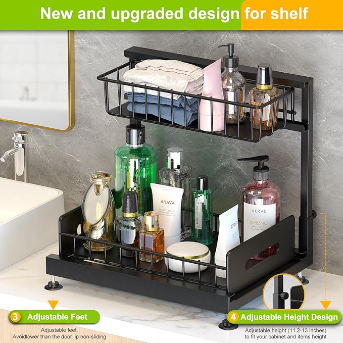 Under Sink Organizer,Pull Out Cabinet Organizer 2 Tier Slide Out Sink Shelf Cabinet Organizer and Storage,L Shaped Under Counter Organizers for Under Kitchen Bathroom Organization