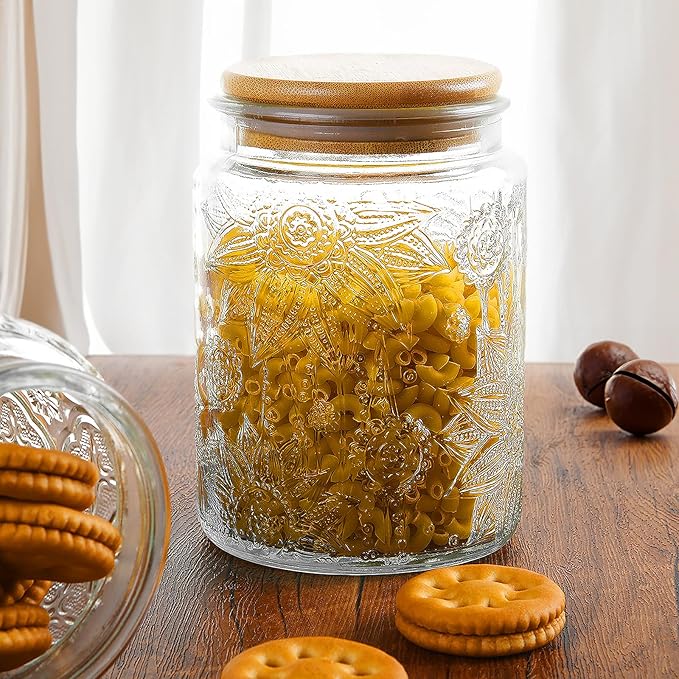 Glass Storage Jars with Airtight Bamboo Lid, 35 FL oz - Decorative Food Canisters for Kitchen Counter, Ideal for Sugar, Coffee, Tea, Candy, Cookies (35oz Large Sunflower)