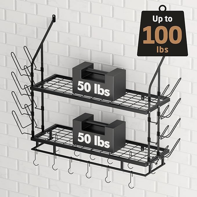 KES 30-Inch Pot Rack Wall Mounted with 8 Secure Lid Holders & 12 Sturdy Hooks, 2-Tier Kitchen Hanging Pot and Pan Organizer, Ample Storage for Tall Cookware, KUR215S75C-BK