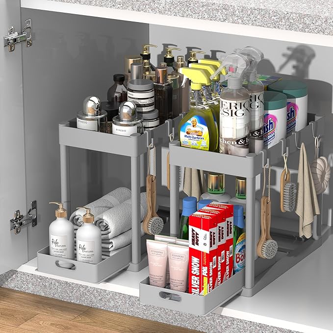2PC Under Sink Organizer Rack 2 Tier Under Sliding Cabinet Basket Organizer Drawer with 4 Hooks, Multi-purpose Under Sink Storage for Bathroom Kitchen Desktop(Grey)