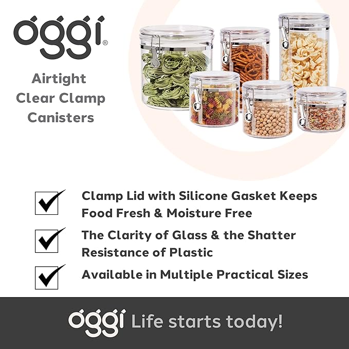 OGGI Medium-Sized Clear Canister with Clamp Lid, 61 oz - Large Airtight Food Storage Container, for Kitchen & Pantry Storage of Bulk, Dry Foods, Pasta, Flour, Sugar, Coffee, Rice, Tea, Spices & Herbs