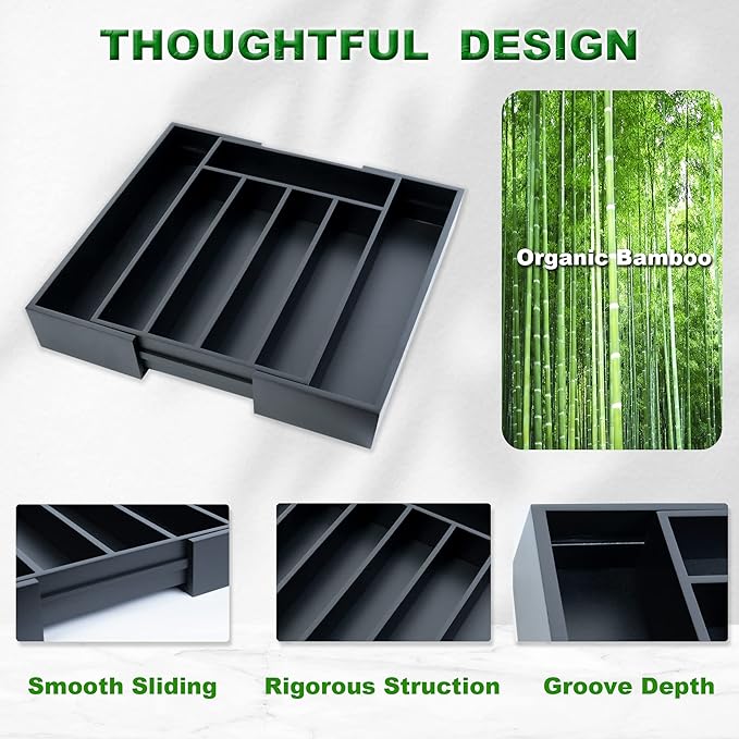 Expandable Utensil Organizer Silverware Organizer for Kitchen Adjustable Utensils Holder Bamboo Large Flatware Silverware Cutlery in Drawer (7 Slot, Black)