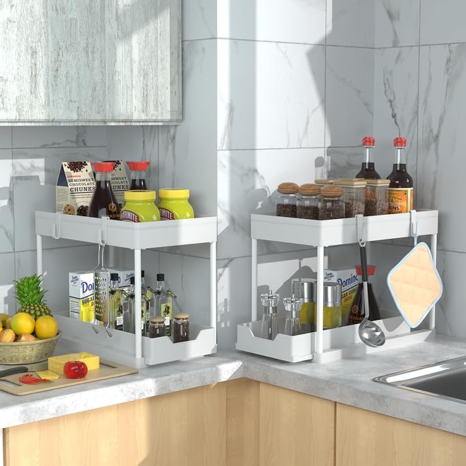 Cabinet, 2 Pack Under Sink Organizer, 2 Tier Sliding Bathroom Kitchen Organizer, Large White ABS Baskets, Easy Install & Clean