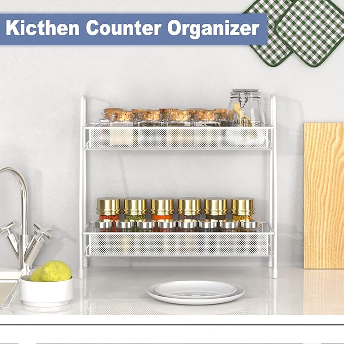 EKNITEY Bathroom Countertop Organizer Rack - 2 Tier Counter Spice Rack Metal Makeup Rack Small Perfume Vanity Organizer for Sink/Bedroom/Living room/Kitchen/Office