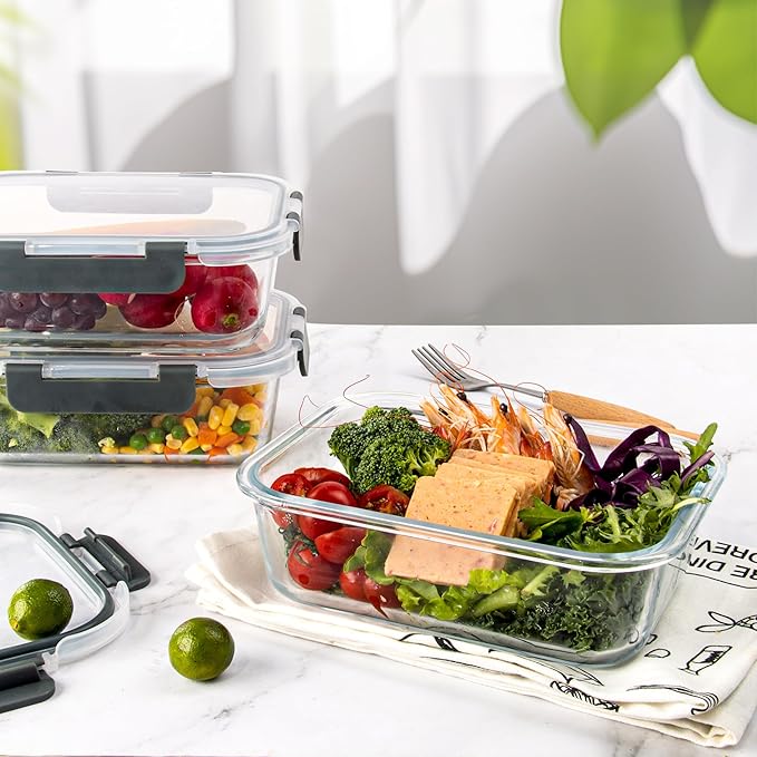 UMEIED 12 PACK Glass Food Storage Containers with Leak Proof Lids, Glass Airtight Meal Prep Containers Set for Lunch, On the Go, Leftover, Kitchen Pantry Organizers and Storage (Grey)