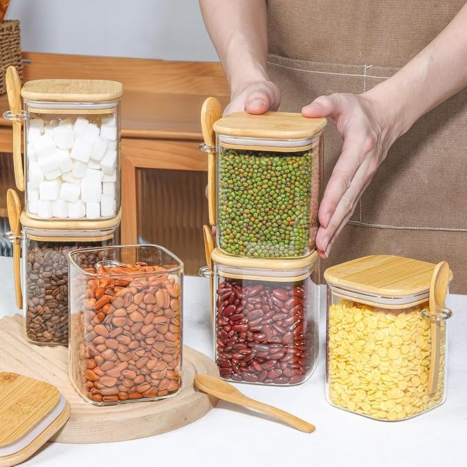 ComSaf 27oz Glass Jars with Bamboo Lids & Spoons Set of 4, Square Glass Containers with Lids, Sugar Coffee Containers Salt Spice Jars, Pantry Storage Container for Loose Tea, Candy, Brown Sugar, Nuts