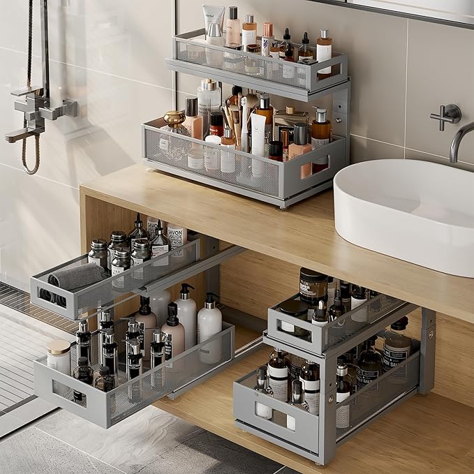 2 Pack 18.5IN-Depth Under Sink Organizer With Next-Gen Ball-Bearing Slides,2-Tier Pull Out Cabinet Storage,Height Adjustable Drawer Shelf for Bathroom,Kitchen,Laundry,Cabinet,Pantry-Gun Gray