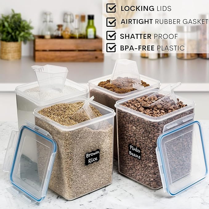 WHITE FEATHER SUPPLIES 4 Pcs Airtight Food Storage Containers with Lids, Cereal Containers Storage - Pantry Organization and Storage, BPA Free Plastic Food Storage Containers with Lids (4 x 5.2L)