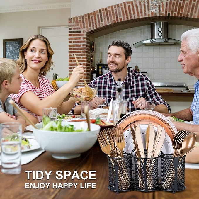 Metal Utensil Caddy Silverware Organizer, Paper Plate Holder Cutlery Container, Flatware Spoon Fork Storage for Outdoor Party Camping Picnic Buffet RV BBQ Farmhouse Kitchen Countertop (Black)