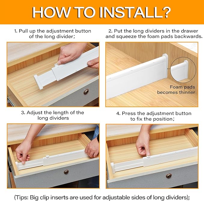 HiYZ Expandable Drawer Dividers, Large Kitchen Utensils Drawer Divider, 2.36" High Adjustable Drawer Organizers Separators for Clothing,Kitchen Utensils,Tools,3 Long Dividers(12.6"-22.8"), White