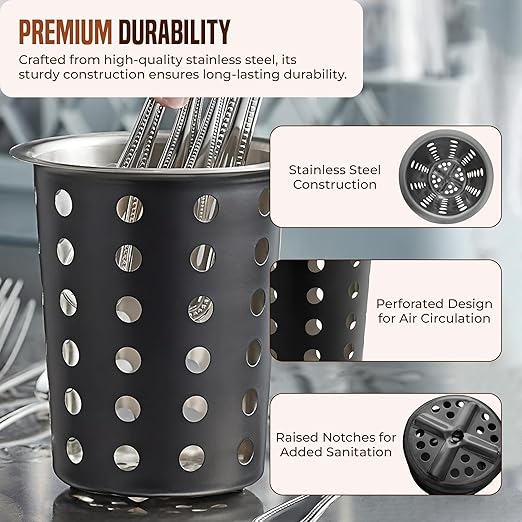 OCS Parts Stainless Steel Utensil Drying Cups | Matte Black | Set of 3 | Perforated Kitchen Flatware and Silverware Holder