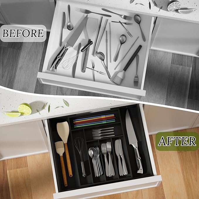 Silverware Organizer Utensil Drawer Organizer - Bamboo Silverware Drawer Organizer Expandable 8 Slots Flatware Organizer For Kitchen Utensils, Art Set, Cosmetic Tools W12.7-19" x L17.2" (Black)