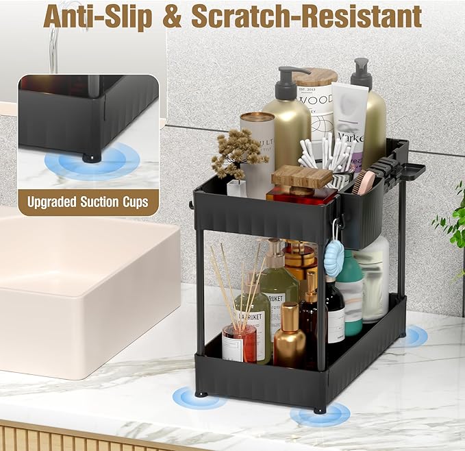 3 Pack Under Sink Organizers and Storage, Large Capacity Heavy Load Pull Out Cabinet Organizer with Hooks Hanging Cups, Multi-functional Storage Shelf for Kitchen Bathroom, Black