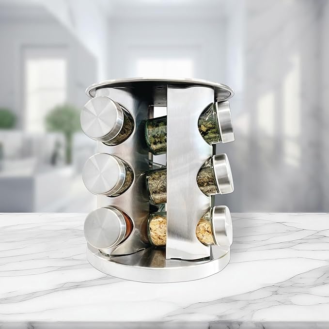 Rotatable Stainless Steel Spice Seasoning Organizer Rack with 12 Glass Jars, Ideal for Storing Spices, Salt, Pepper, Sugar and Dry Ingredients