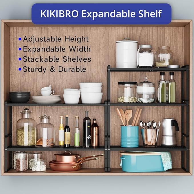 Expandable Cabinet Shelf Organizers, Kitchen Small Stand Rack Organization for Countertop Cupborad Pantry, Black 3 Pack
