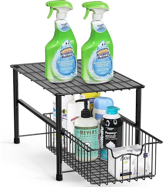 Simple Houseware Stackable Under Sink Cabinet Sliding Basket Organizer Drawer, Black