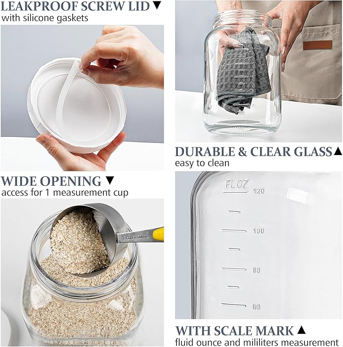 2 Pack Wide Mouth 1 Gallon Clear Glass Jar with Lid, Heavy Duty Airtight Screw Lid with Silicone Gasket - Large Mason Jar with 2 Scale Mark for Fermenting Kombucha and Storing Food(Extra 2 Gaskets)