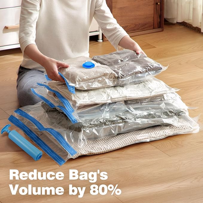 13Pcs Vacuum Storage Bags for Clothes, 10 Vacuum Seal Bags (1Jumbo,3Large,3Medium,3Small) 3 Hanging Clothes Storage Bags Vacuum Sealed(Large, Medium, Small), 80% Space Saver Bags for Home Essentials
