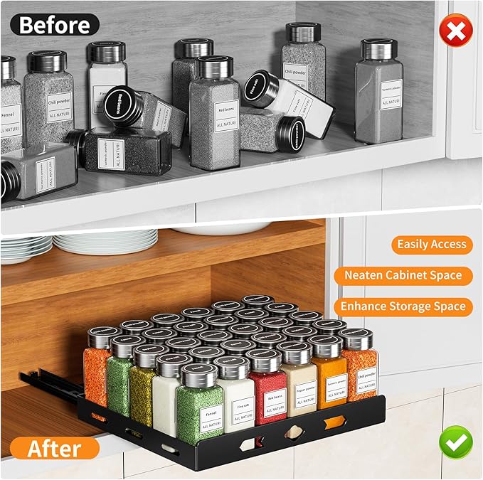 RCHYFEED Pull Out Spice Rack Organizer for Cabinet, Heavy Duty Slide Out Spice Rack for Inside Cabinets & Pantry, Kitchen Cabinet Seasoning Organizer Vertical Spice Racks,12.6" Wx10.5 Dx2.8 H,Black