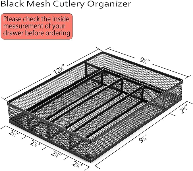 Silverware Tray for Drawer, Silverware Organizer, Metal Drawer Organizer Kitchen Utensils with Foam Feet Multi Compartments Cutlery Organizer in Drawer (BLACK)