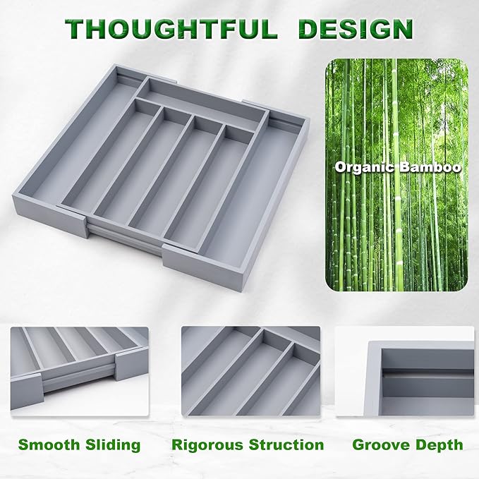 Expandable Utensil Organizer Silverware Organizer for Kitchen Adjustable Utensils Holder Bamboo Large Flatware Silverware Cutlery in Drawer (7 Slot, Gray)