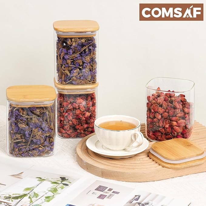 ComSaf 27 oz Glass Food Storage Jars Set of 6, Clear Storage Containers with Airtight Lids, Pantry Organization Jar, Spice Jar, Blooming Tea, Oat, Coffee and Sugar Container, Canister Set for Kitchen