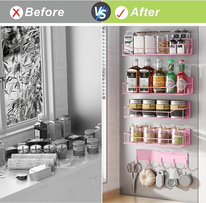 Magnetic Spice Rack for Refrigerator, 5 Pack Metal Strong Magnet Spice Organizer Shelves with Hook Rack, Space Saving Magnetic Fridge Shelf for Home Kitchen Organization and Storage (Pink)