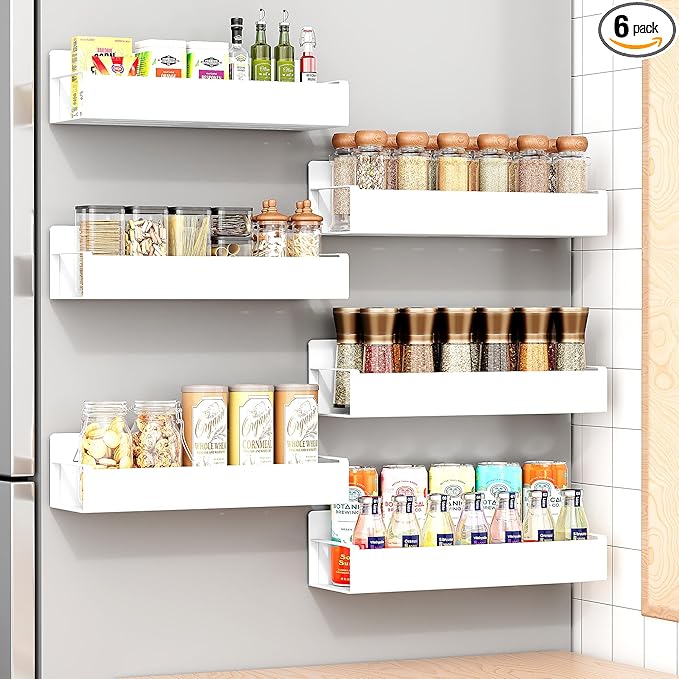 6 Pack Moveable Fridge Magnetic Spice Racks,Metal White