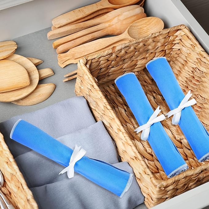 6 Pieces Silver Storage Bags Anti Tarnish Silver Protector Bags Blue Holder for Flatware Storage Organizer Place Setting Roll with White Ribbon for Kitchen Utensils