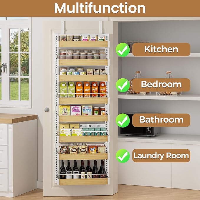 8 Tier Over The Door Pantry Organizer, 2 IN 1 Wall Mount or Hanging Spice Rack Seasoning Shelves with Adjustable Basket, Back of Door Organizer and Storage for Kitchen Cabinet and Room Closet